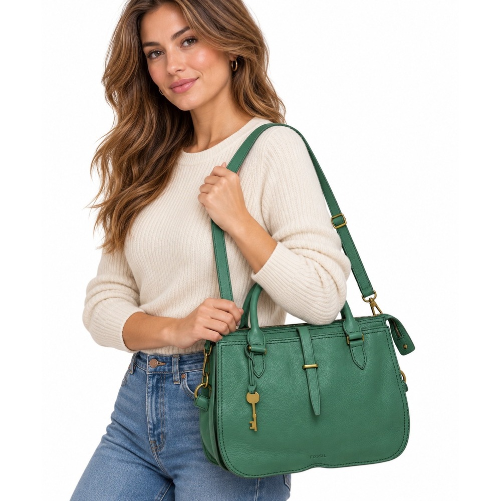 Fossil Green Pebbled Leather Satchel Crossbody Handbag Gold Tone Hardware Purse